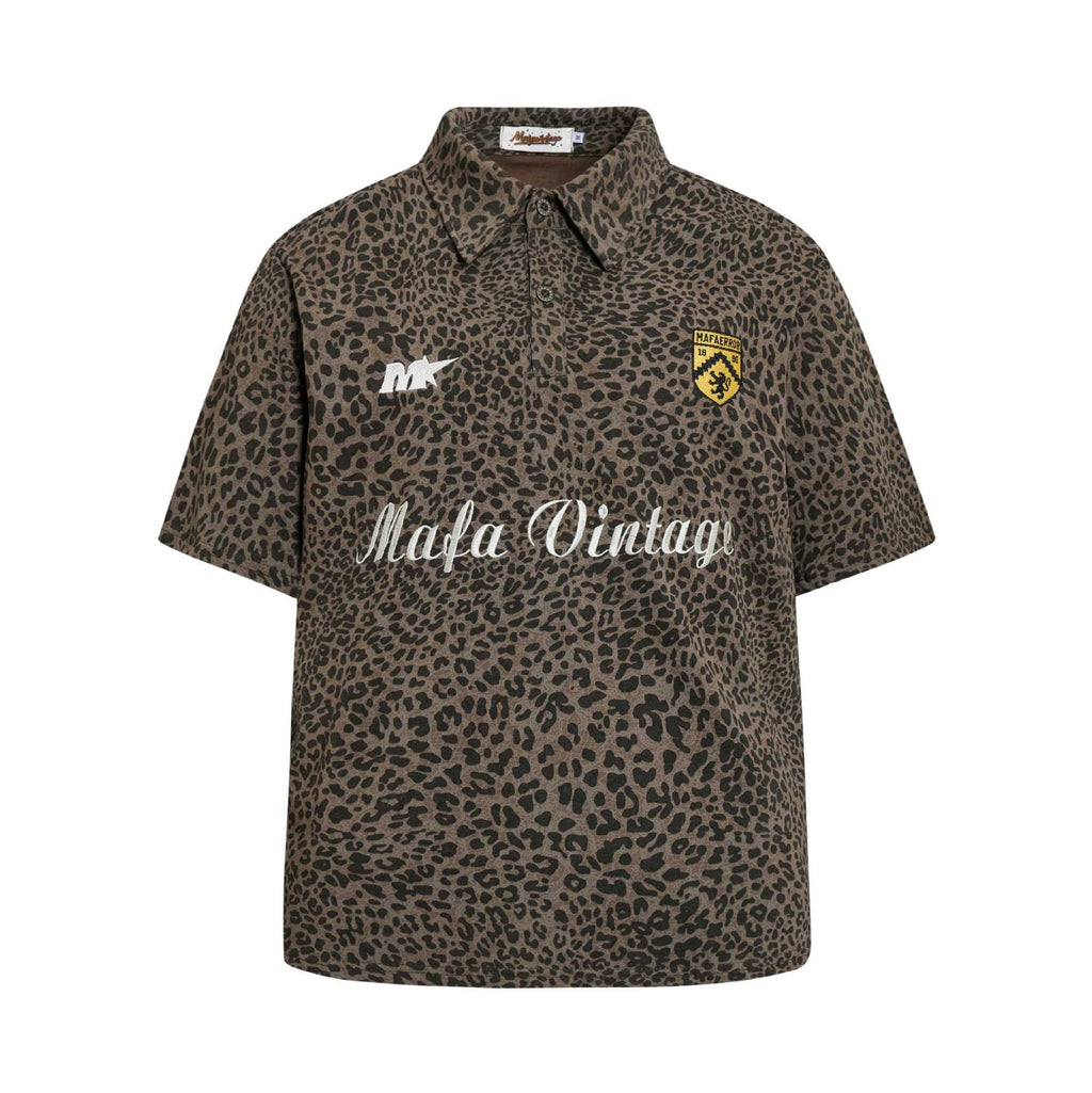 Leopard Print Badge Embroidered Short Sleeve Shirt For Men Cotton Blend Casual