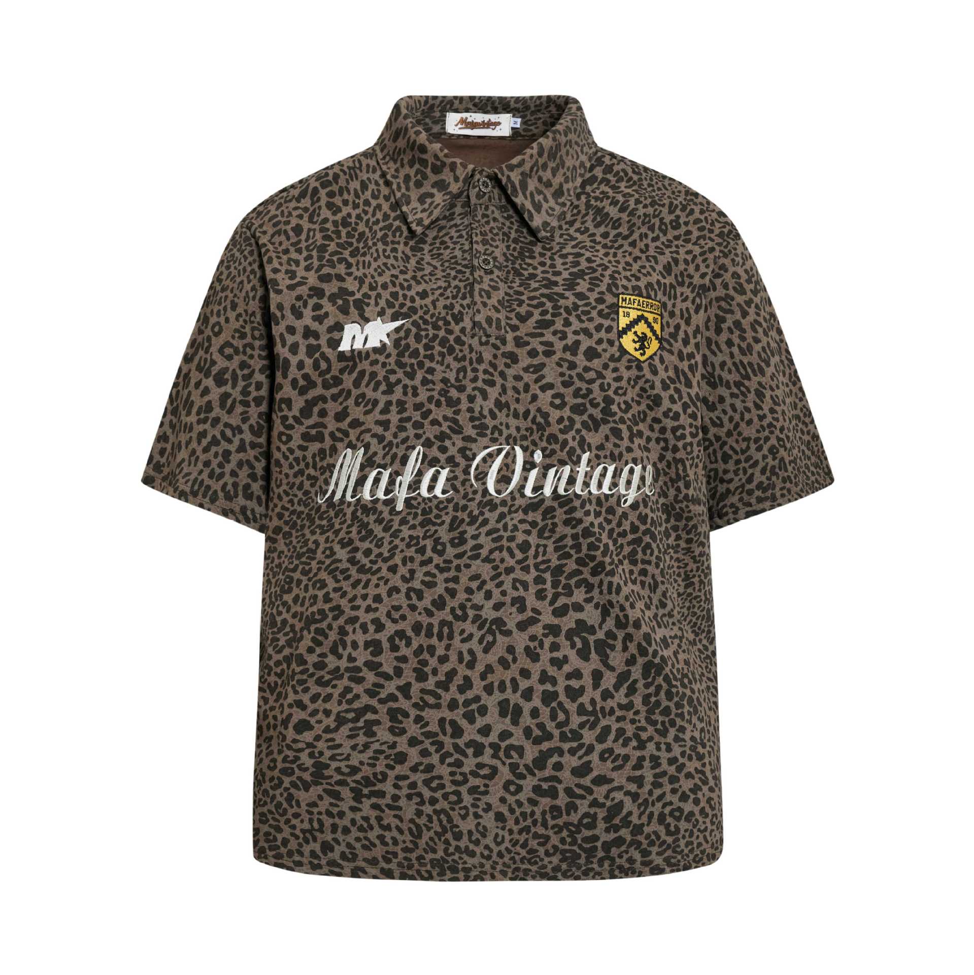 Leopard Print Badge Embroidered Short Sleeve Shirt For Men Cotton Blend Casual