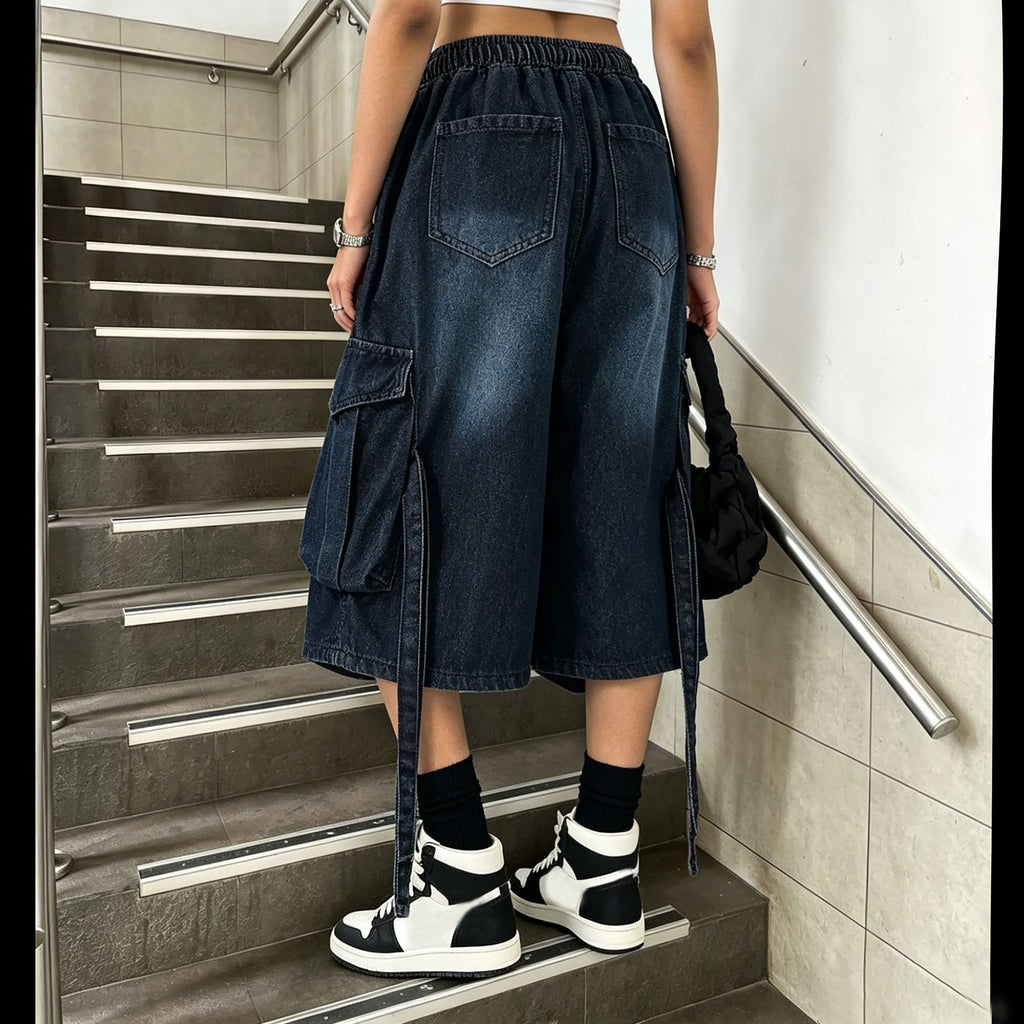 Workwear Denim Pants With Washed Finish Elastic Drawstring Waist Casual Style