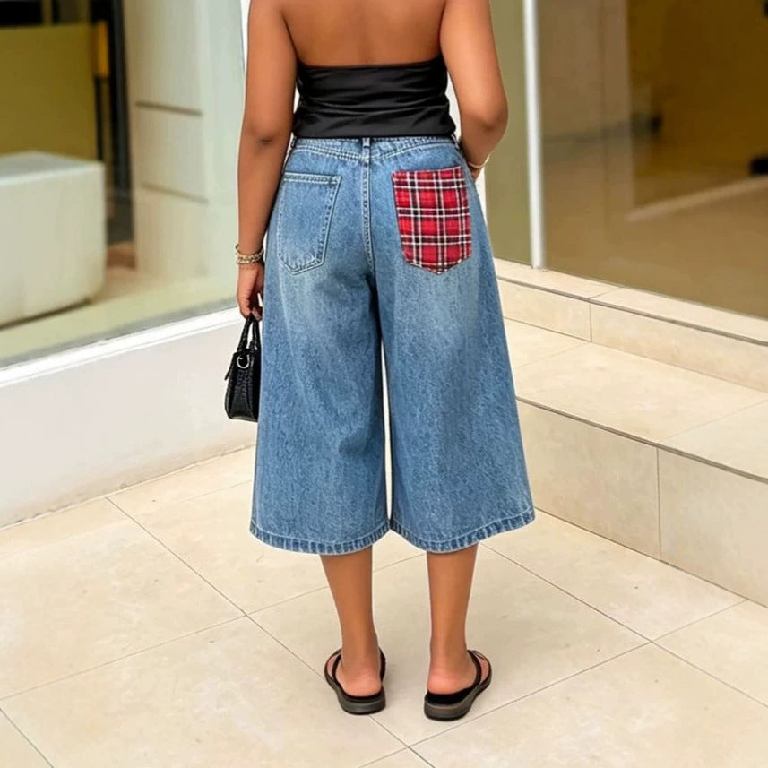 Blue Patchwork Checkered Washed Seven Quarter Denim Pants For Street Fashion