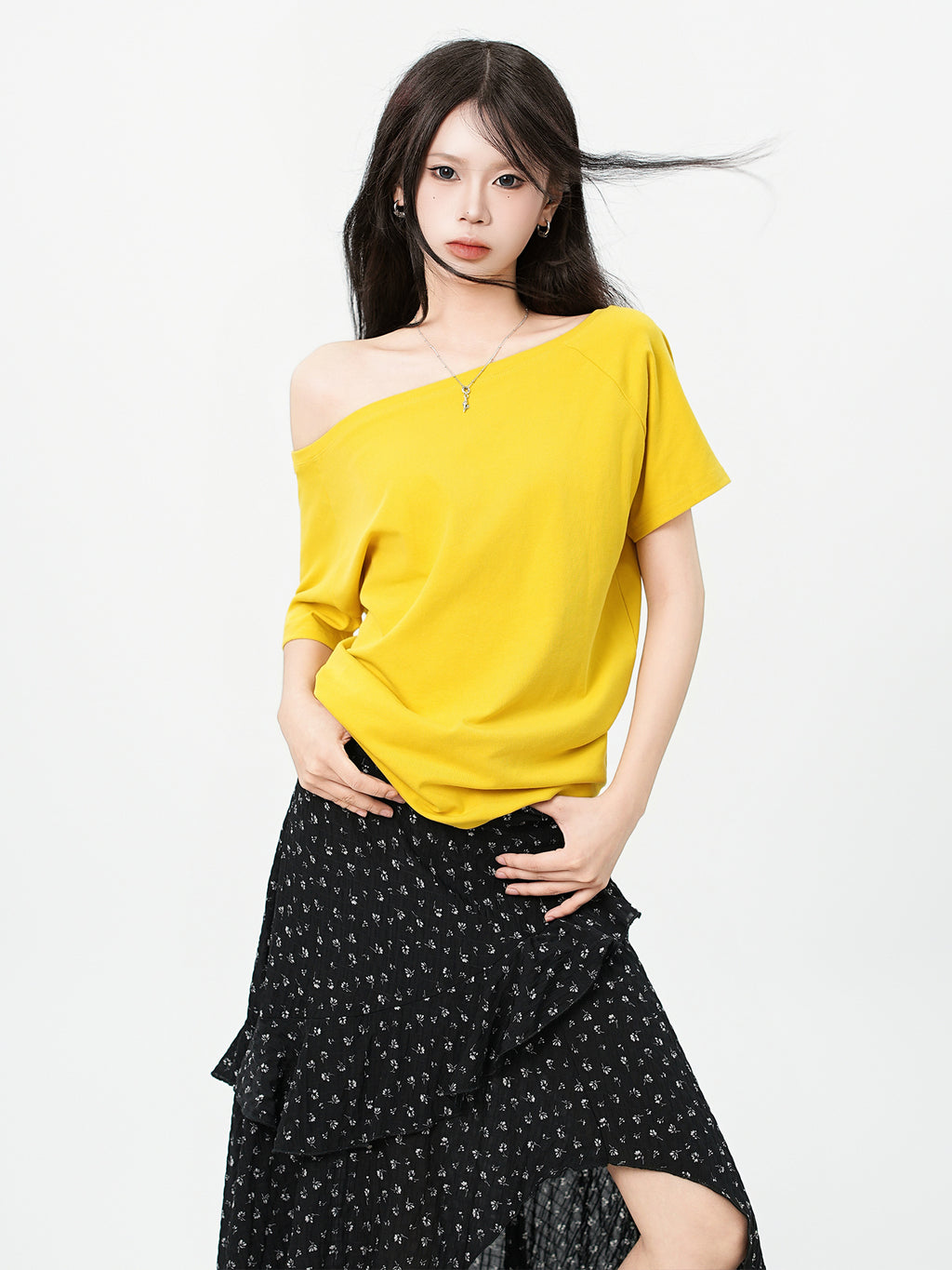 One Shoulder Asymmetrical Patchwork Top Cotton Short Sleeve Relaxed Fit