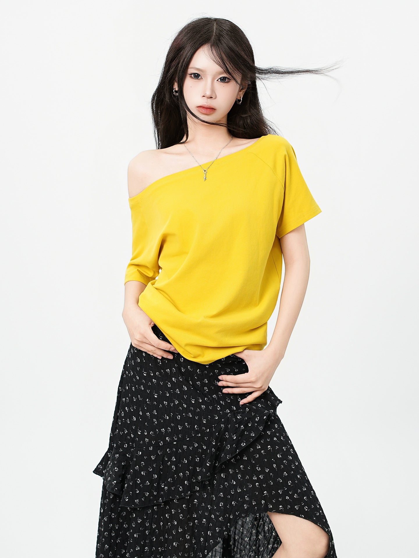 One Shoulder Asymmetrical Patchwork Top Cotton Short Sleeve Relaxed Fit