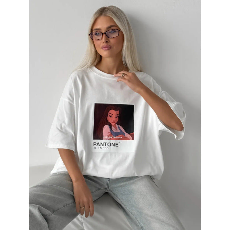 Cartoon Print White Round Neck Loose Fit Unisex Cotton T Shirt