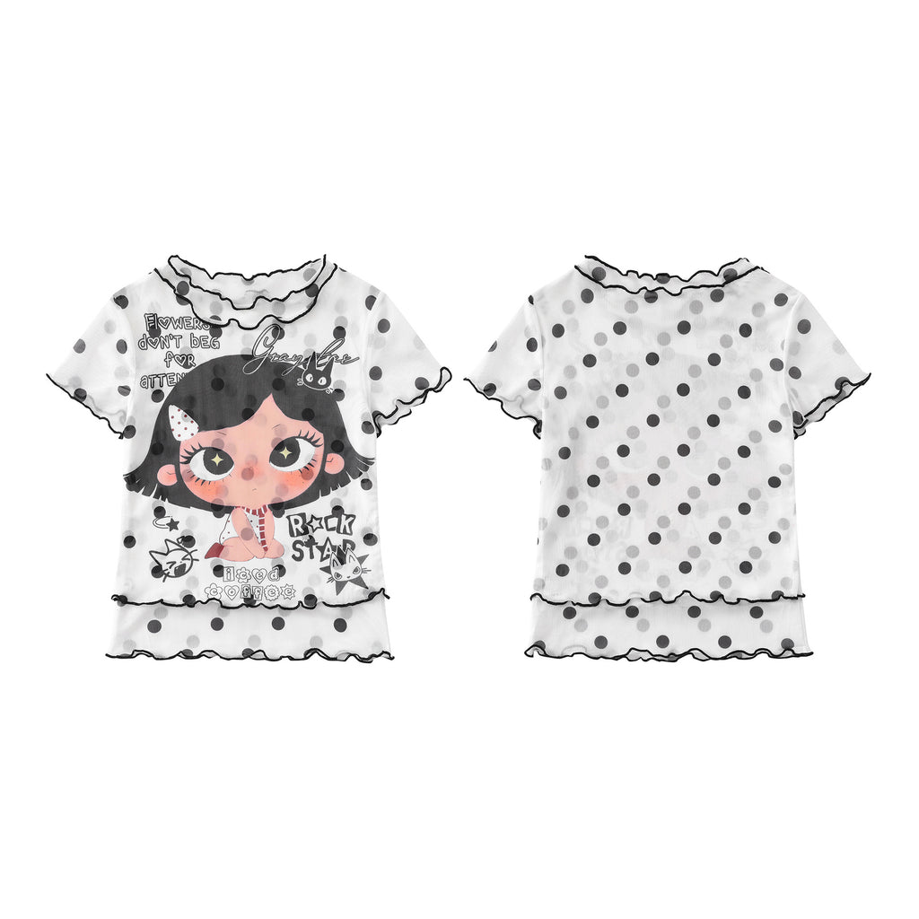 Unisex Cartoon Graffiti Mesh T Shirt Color Block Plaid Ruffle Trim Bodysuit