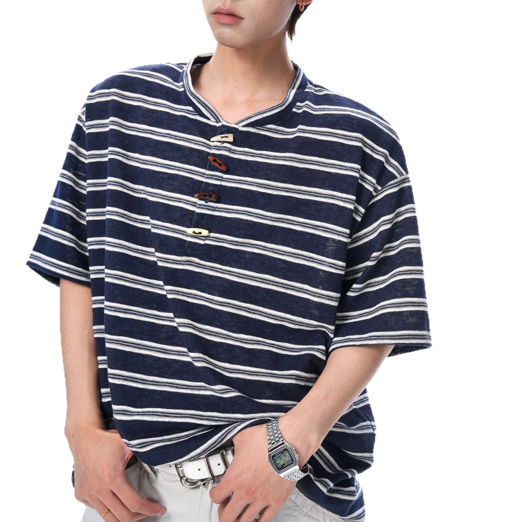 Men Henley Neck Stripe Short Sleeve T Shirt Polyester Casual Tee